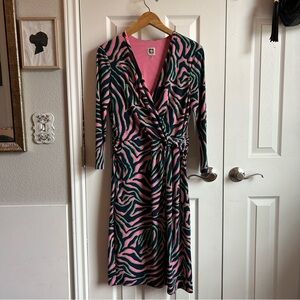 Anne Klein pink green blue zebra swirl long sleeve faux wrap dress